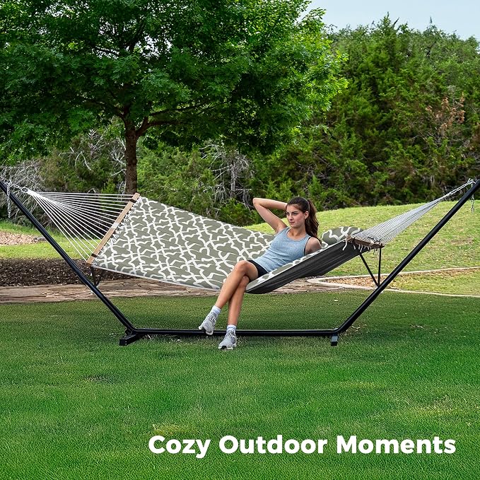 SUPERJARE Hammock with Stand, 2 Person Quilted Outdoor Hammock, Detachable Pillow & Bamboo Spreaders, Portable with Carrying Bag, Heavy Duty Stand, Perfect for Outside, Patio, Grey with White Flower - Image 2