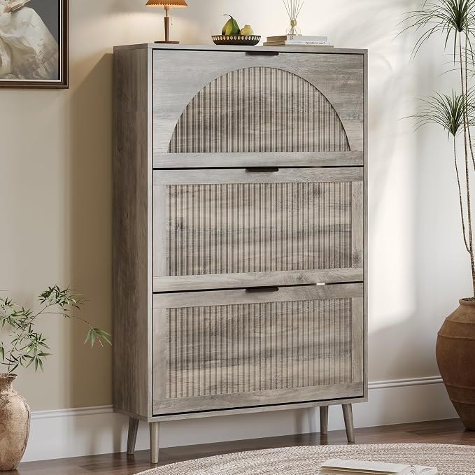 BORNOON Shoe Cabinet for Entryway with 3 Flip Drawers, Slim Wooden Shoe Storage Organizer with Modern Fluted Pannel，Freestanding Narrow Hidden Shoe Rack for Hallway, Foyer, Living Room by BORNOON