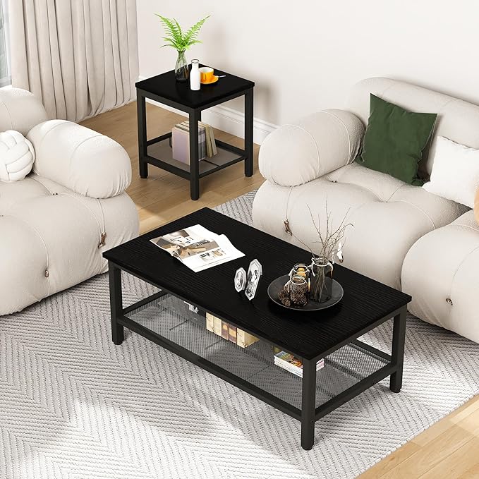 Lamerge 3 Pieces Living Room Table Set, Industrial Coffee Table with 2 Square End Side Tables, Coffee Table Set with Metal Frame for Apartment Home Office, Black