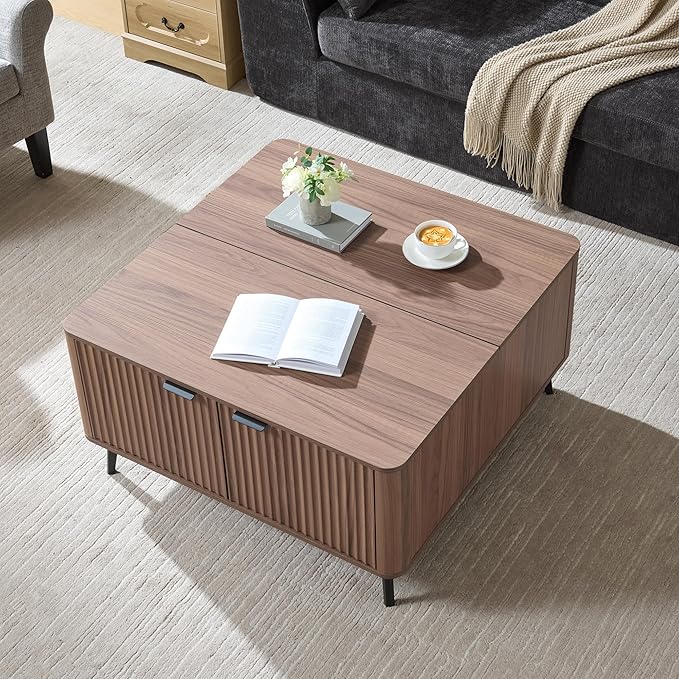 Lift Top Coffee Table with Large Hidden Compartment, 35.4" Wide Square Coffee Table with Storage, Mid Century Modern Fluted Center Table for Home Living Room, Brown