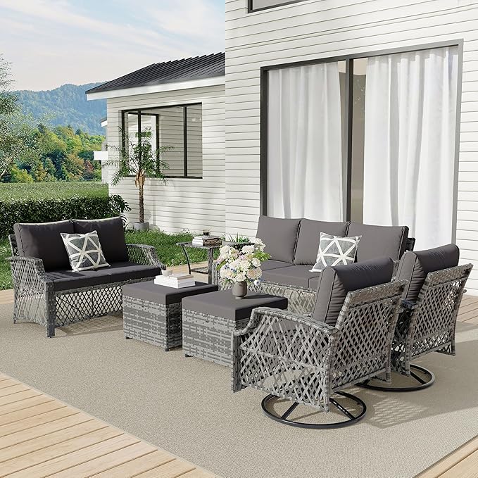 HOMREST 7 Piece Patio Furniture Set, Wicker Outdoor Conversation Sofa Set with Swivel Chairs, 2 Ottomans, Glass Side Table, Rattan Outdoor Sectional for Deck Backyard Porch （9 Seats, Gray）
