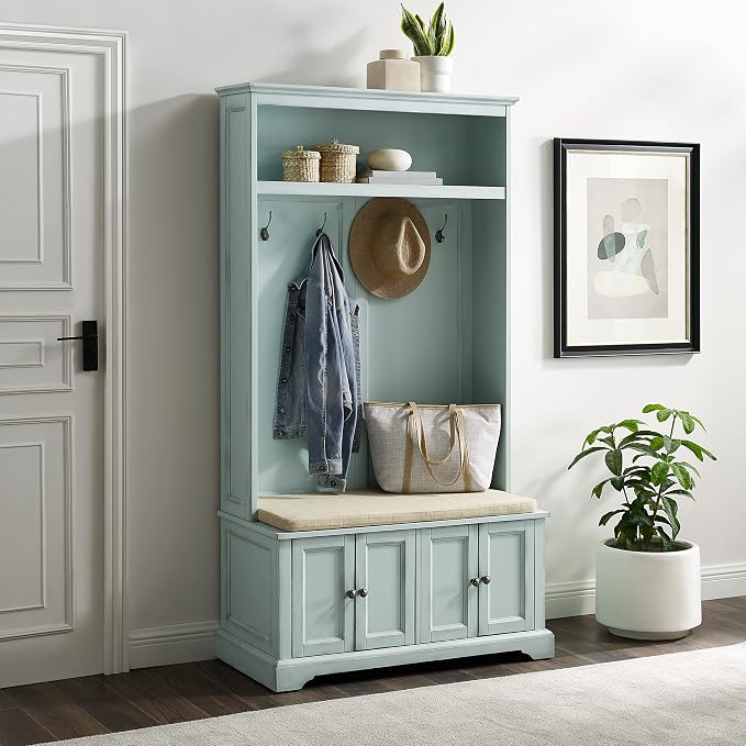 Crosley Furniture Holbrook Hall Tree with Shoe Rack Bench and Coat Hooks for Hanging Storage, Distressed Seafoam Blue - Image 8
