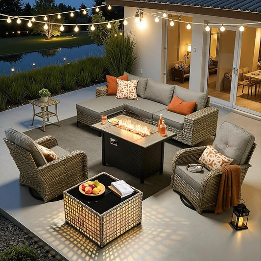 ovios 9-Piece Patio Furniture Set with L-Shape Sofa Chaise, Outdoor Sectional Couch Swivel Gliders Fire Pit Table Solar Table, Modern Modular Wicker Rattan Conversation Set, Dark Grey