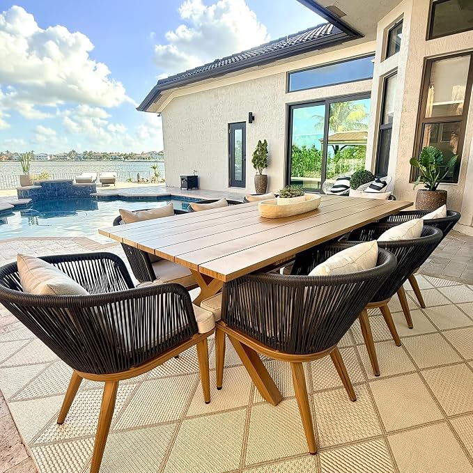 PURPLE LEAF 9 Pieces Patio Dining Set Wicker Outdoor Furniture Rectangular Table and Chairs Set for Garden Deck Teak-Finish Aluminum Frame Backyard Kitchen Set, Cushions and Pillows Included - Image 2