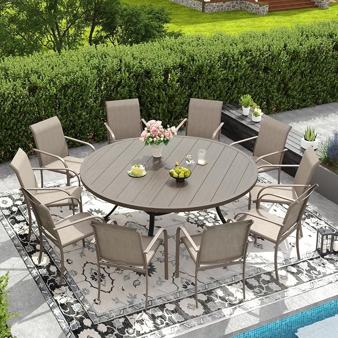 DIFY Patio Dining Set for 10, 11 Piece Outdoor Table and Chairs Set, 63" Grey Wood-Like Round Metal Patio Dining Table and Sandshell Textilene Stackable Patio Chairs, for Backyard Garden Poolside by DIFY