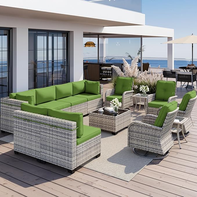 13-Piece Outdoor Patio Furniture Set with Rocking Swivel Chair, Wicker Rattan Sectional Sofa Conversation Set with Tempered Glass Table, Backyard Furniture, Avocado Green