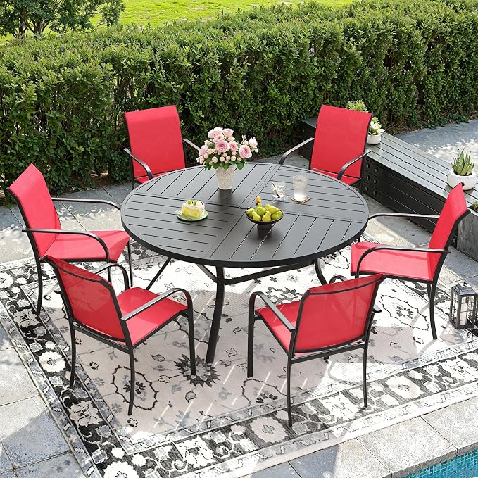 DIFY 7 Pieces Outdoor Patio Dining Set for 6, 50" Black Round Metal Dining Table and 6 Red Stackable Sling Dining Chairs, Outdoor Table and Chairs for Lawn Garden Backyard Deck by DIFY