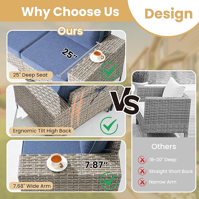 HOOOWOOO Outdoor Sectional Furniture Set with Fire Pit Table,8 Pieces Wicker Patio Conversation Sets,L Shape All Weather Outside Couch Sofa Set with Swivel Chairs Side Table Ottoman,Denim Blue