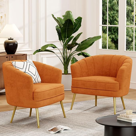 Andeworld Velvet Accent Chair Set of 2, Upholstered Modern Single Sofa Side Chair,Comfy Barrel Club Living Room Armchair with Golden Metal Legs for Bedroom Living Reading Room Office, Orange