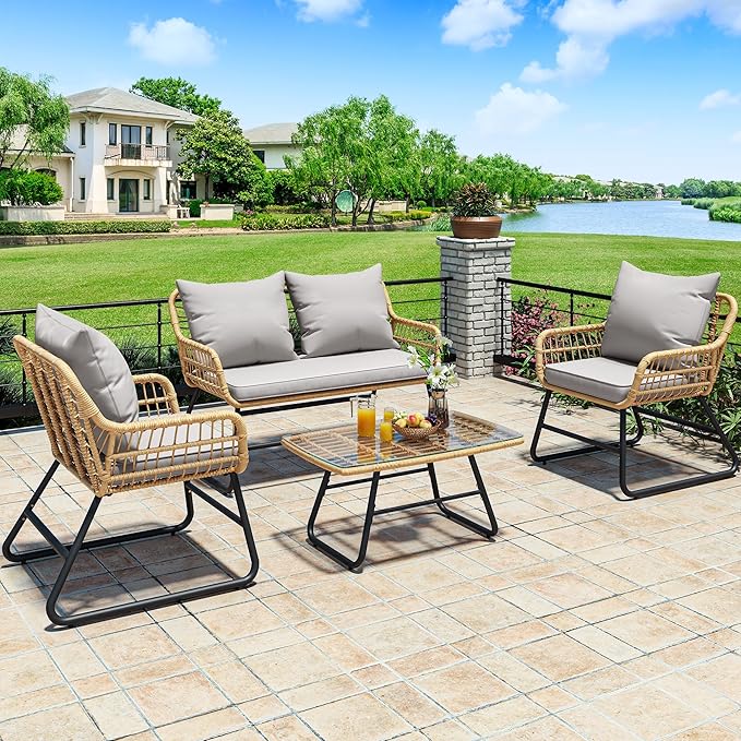 YITAHOME 4-Piece Patio Furniture Wicker Outdoor Bistro Set, All-Weather Rattan Conversation Loveseat Chairs for Backyard, Balcony and Deck with Soft Cushions and Metal Table (Light Grey+Beige)