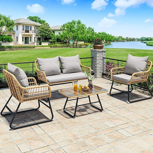 YITAHOME 4-Piece Patio Furniture Wicker Outdoor Bistro Set, All-Weather Rattan Conversation Loveseat Chairs for Backyard, Balcony and Deck with Soft Cushions and Metal Table (Light Grey+Beige)