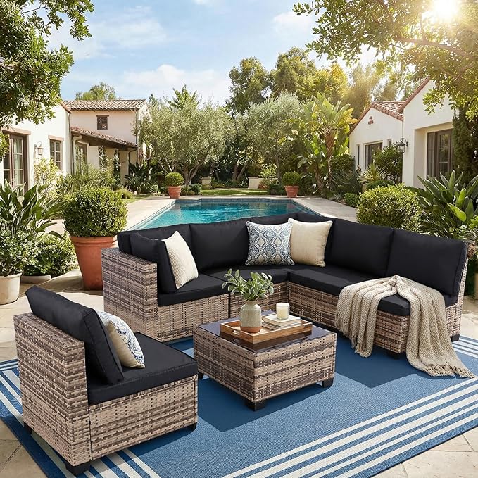7 Piece Outdoor Wicker Patio Furniture Set, Rattan Sectional Sofa Conversation Set with Coffee Table & Cushions, for Poolside Backyard Garden Porch, Brown Wicker/Black Cushion