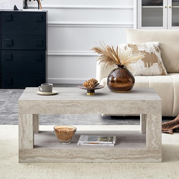 LKTART 39.37" Faux Travertine Stone Coffee Table with Storage, 2-Tier Mid Century Rectangular Accent Table with Thick Tabletop, Rustic Style Cocktail, Center Table for Living Room, Office(Beige)