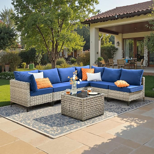 7 Piece Outdoor Patio Furniture with Glowing Coffee Table, Rattan Wicker Conversation Set with Sofa, Sectional Single Chairs for Outside Porch Balcony Backyard Pool,Blue