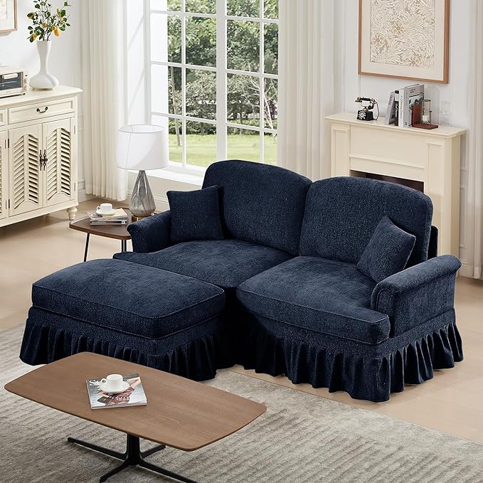 KEIKI Mid Century Modular Sofa with Flared Arms and Skirted Design, 76" Loveseat with Ottoman Chenille L-Shaped Sectional Couches for Living Room, Small Home Soft Chaise Lounge Indoor, Blue