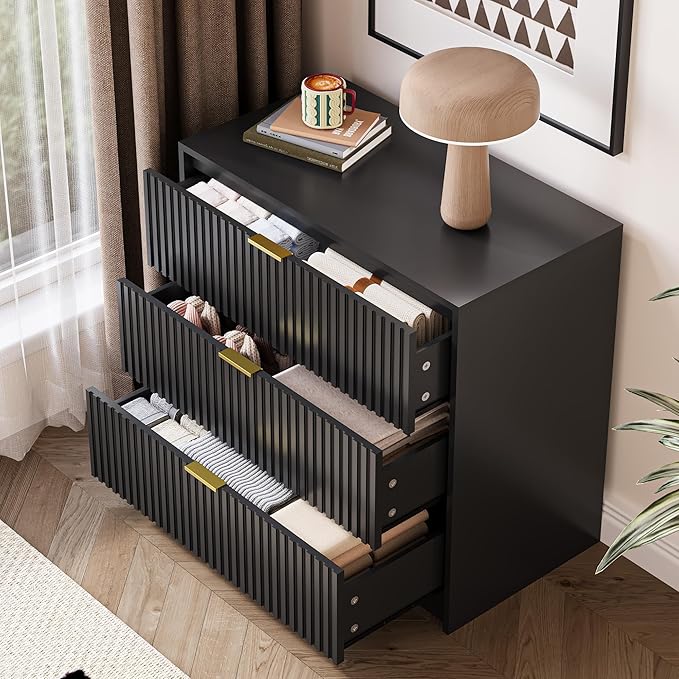 MAISONARIA 3-Piece Dresser Bedroom Set, 5 Drawer Dresser & 3 Drawer Nightstands with Gold Handles, Fluted Wood Chest of Drawers for Bedroom, Living Room, Entryway, Black