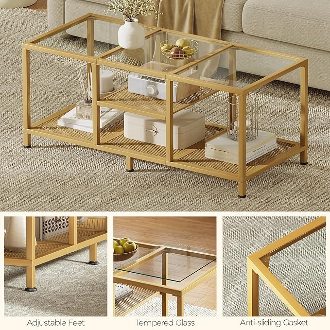 Glass Coffee Table, Coffee Tables for Living Room, Small Center Table, Modern Coffee Table with Open Storge&Metal Frame, Rectangular Coffee Tables for Small Space, Home Office, Gold