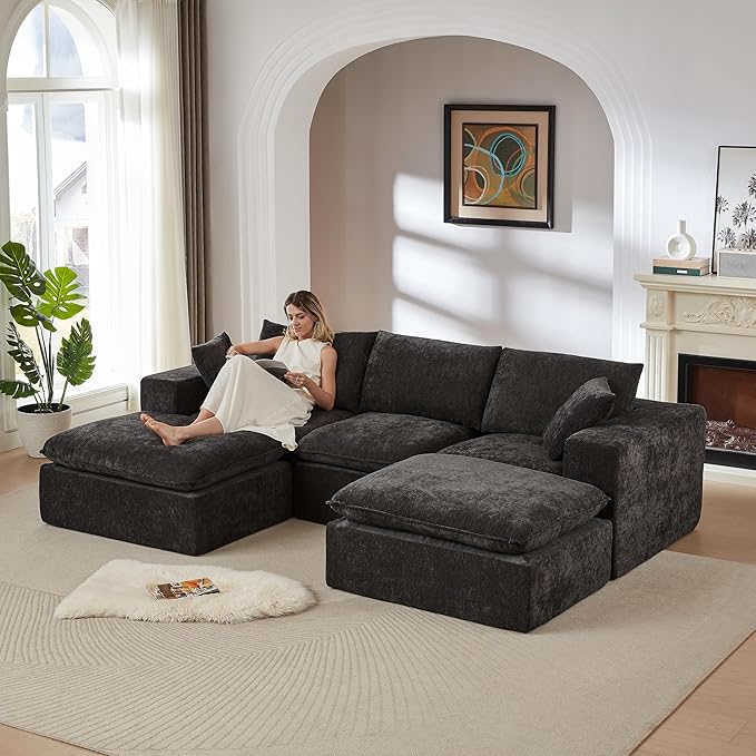 Cloud Modular Sectional Couches Boneless Sofa for Living Room, Oversized U Shaped Floor Couch with Movable Ottomans, Memory Foam Compressed 4 Seater Sofa for Bedroom Apartment | Plush, Wider Armrest, Free Combination