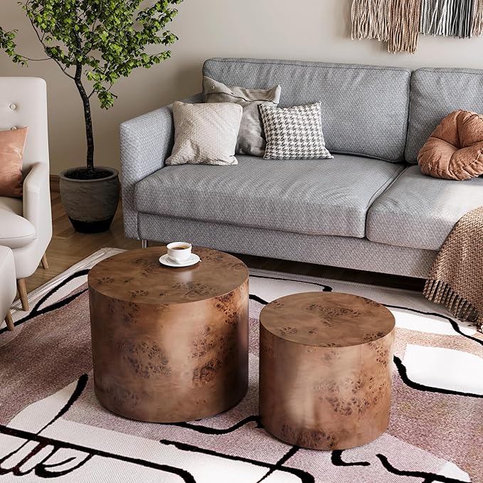 Round Nesting Coffee Table Set of 2,Modern Wooden Circle Burl Accent Tables for Small Spaces Living Room Bedroom Balcony Office(Dark Brown,19"+15")