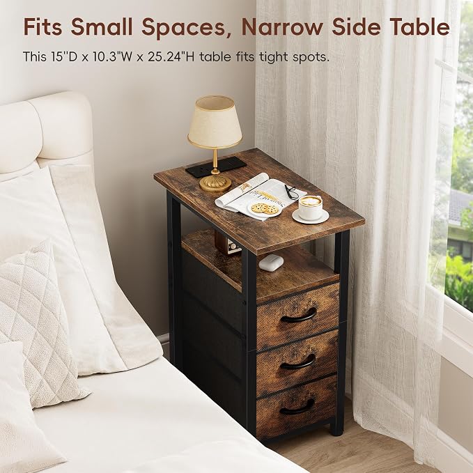 Vagusicc End Table with Charging Station, Narrow Side Table, Narrow Nightstand with 3 Fabric Drawers, Slim Sofa Side Table for Small Spaces, Small Night Stand for Bedroom, Rustic Brown - Image 6