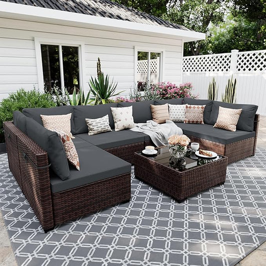 UPHA 7 Pieces Patio Furniture Sets, Wicker Outdoor Sectional Sofa Couch with Coffee Table, Patio Conversation Set for Deck Backyard Garden, Brown Rattan, Dark Gray Cushion