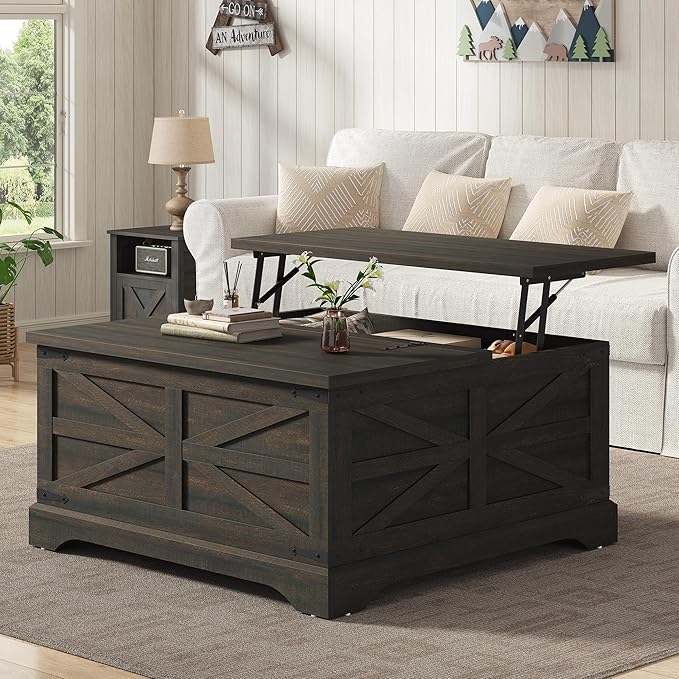 Furnideco 35.5''W Square Coffee Table Farmhouse Lift top Coffee Table with Large Hidden Storage, Wood Center Table for Living Room, Home Office, Dark Brown