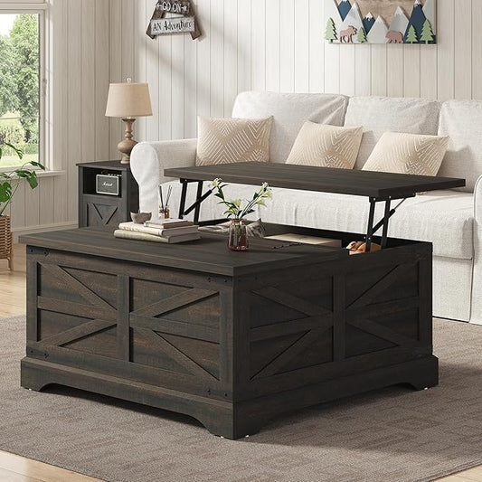 Furnideco 35.5''W Square Coffee Table Farmhouse Lift top Coffee Table with Large Hidden Storage, Wood Center Table for Living Room, Home Office, Dark Brown