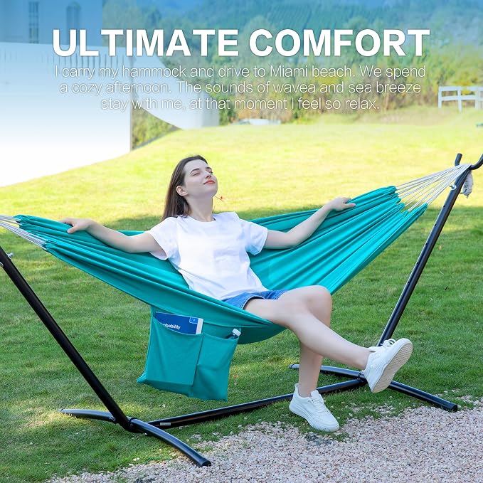 PNAEUT Double Hammocks with Stand for Outside, Portable Space Saving Heavy-Duty Steel Stand for Indoor Outdoor Patio with Carrying Bag, 450 lbs Capacity (Aqua) - Image 3