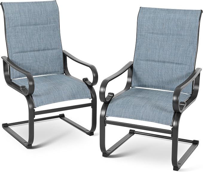NUU GARDEN Set of 2 Padded Textilene Patio Dining Chairs C Spring Outdoor Chairs with Curved Armrests Powder Coated Metal Frame Patio Furniture for Garden Backyard Poolside Lawn Blue and Black by NUUGARDENCORPORATION