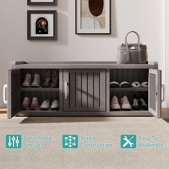 NUNU LAB Shoe Storage Cabinet, Waterproof Shoe Organizer with Adjustable Shelves, UV-Resistant Entryway Shoe Cabinet Bench with 3 Barn Doors for Indoor Outdoor, Foyer, Hallway, Living Room,Grey - Image 9