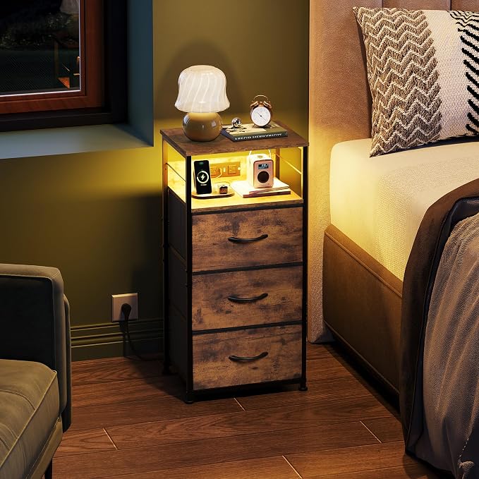 WLIVE Nightstand with Charging Station, 31.9" H Nightstand with 3 Fabric Drawers, LED Bedside Table with USB Ports and Outlets, End Table for Dorm, Bedroom, Entryway, Rustic Brown - Image 2