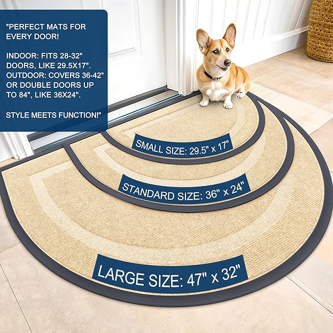 OLANLY Half Circle Door Mat Indoor Outdoor Entrance Welcome, Waterproof All-Season, All-Weather Doormat, Sturdy Natural Rubber, Low Profile, Easy Clean Patio Porch Entryway Mat, 33x21, Beige - Image 2