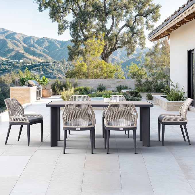 PURPLE LEAF 7 Pieces Patio Dining Set Aluminum Rectangular Table and Wicker Chairs with Cushions for Kitchen Porch Garden Modern Outdoor Furniture Sets, Beige and Dark Grey - Image 2