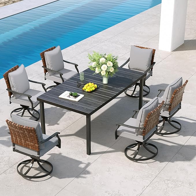 Grand patio 7-Piece Outdoor Dining Set, 6 Leather-Look Wicker Swivel Patio Chairs & 1 Straight Legs Rectangular Dining Table, Black by GrandPatio