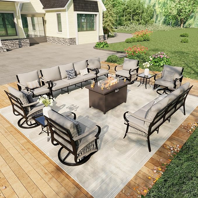 11 Pieces Outdoor Patio Conversation Sets, Outdoor Furniture Set Metal 2 Three-Seater 4 Swivel Rockers with 2 Side Tables 2 Single Chairs with Fire Pit Table for Backyard Deck Porch Poolside, Beige