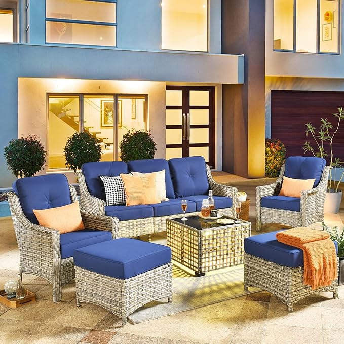 HOOOWOOO 6 Piece Patio Furniture Conversation Sets with Sola Light Table,Outdoor Wicker Furniture with Ottoman, All Weather Resistant Outside High Back Rattan Patio Set(Navy Blue)