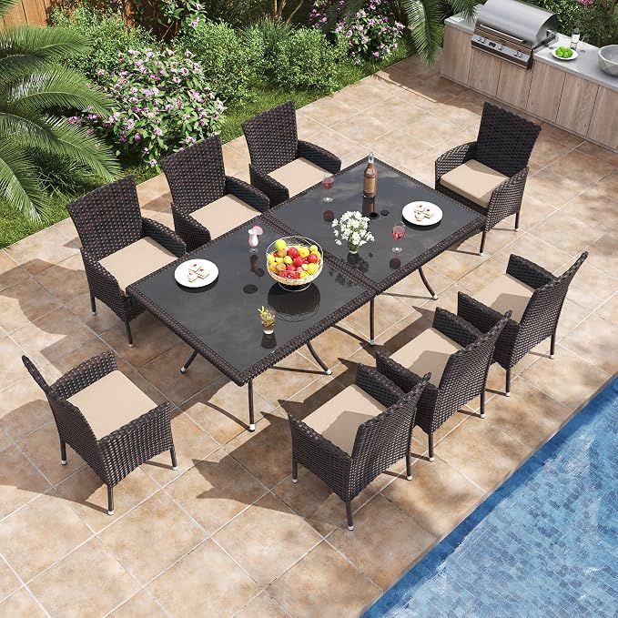 ALAULM 10 Piece Outdoor Patio Dining Set for 8 All-Weather Wicker Patio Furniture Set w/Tempered Glass Tabletop, Removable Cushions and Umbrella Hole for Patio, Backyard, Garden, Poolside (Brown) by ALAULM