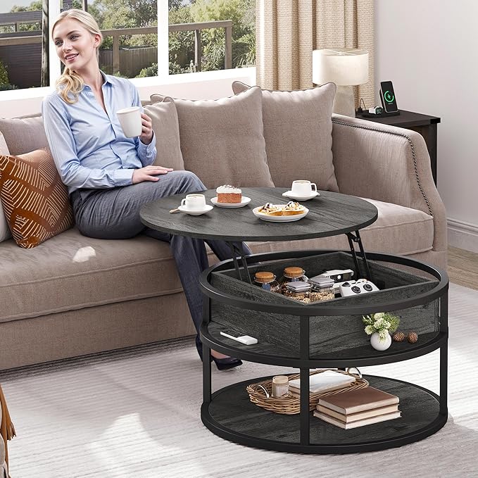 DWVO Round Coffee Tables for Living Room, Lift Top Coffee Table with Storage, Farmhouse Wood Coffee Table, Circle Small Coffee Tables Living Room for Home Decir Office, Grey