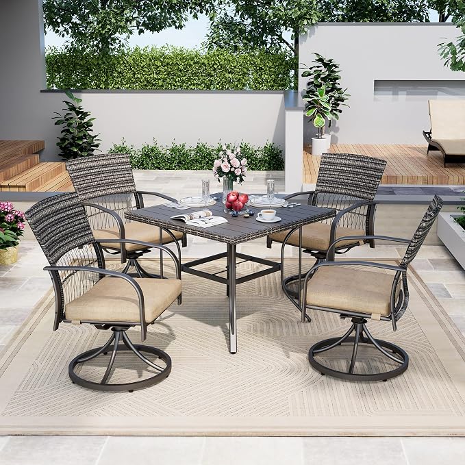 Pamapic 5-Piece Outdoor Dining Set with Swivel Chairs, Rattan Patio Furniture for Backyard, Deck, Garden, Weather-Resistant Iron Slats Table & 4 Chairs with Removable Cushions （Taupe） by Pamapic