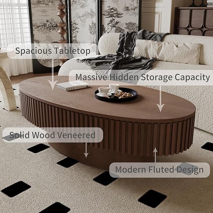 Oval Coffee Table with Storage for Living Room Fluted Pedestal Coffee Table Modern Handcrafted Centre Table for Apartment, Easy Assembly 47.2"x23.6", Walnut
