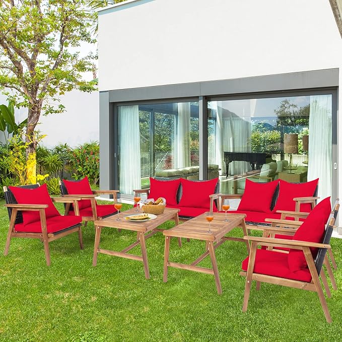 Tangkula 8-Piece Patio Furniture Set, Outdoor Acacia Wood Conversation Set with Cushions and Coffee Table, Outdoor PE Wicker Sectional Sofa Set for Garden, Poolside and Backyard (2, Red)