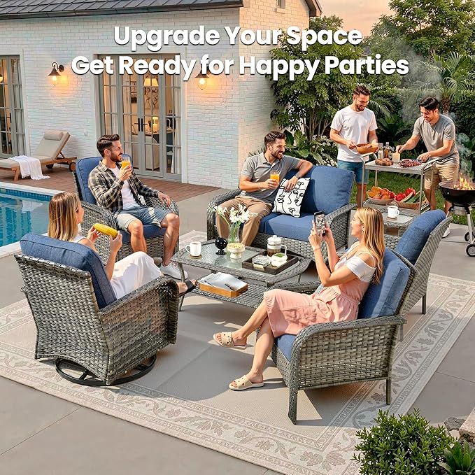 Weaxty 7 Pieces Patio Furniture Set,Wicker Outdoor Swivel Rocking Chairs,Rattan Loveseat Couch,Coffee Table,Patio Sofa Conversation Sets for Deck Backyard Porch Poolside, Denim Blue