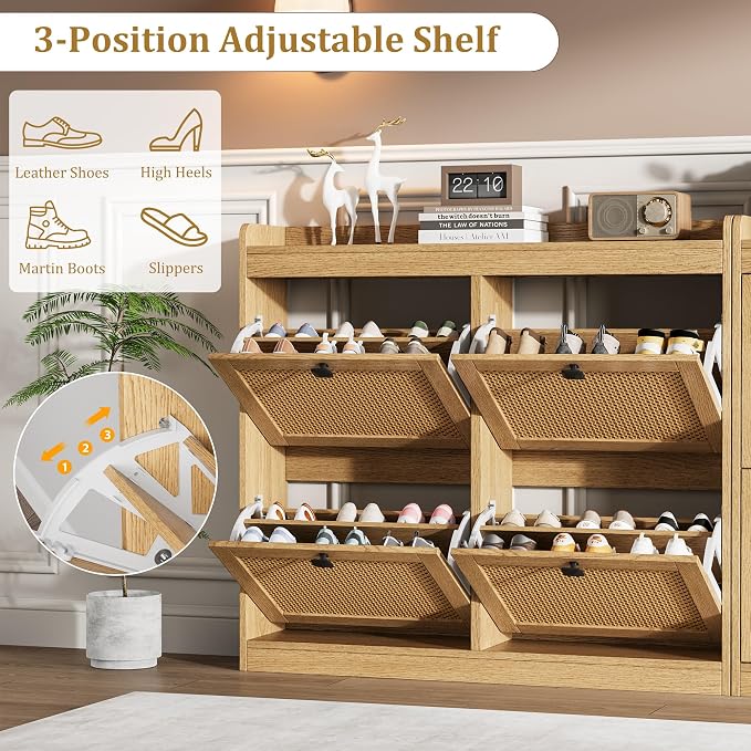 GarveeHome Shoe Cabinet Rattan with 4 Flip Drawers, Wooden Freestanding Shoe Organizer with Adjustable Shelves, Shoe Storage for Entryway, Closet, Hallway - Image 4