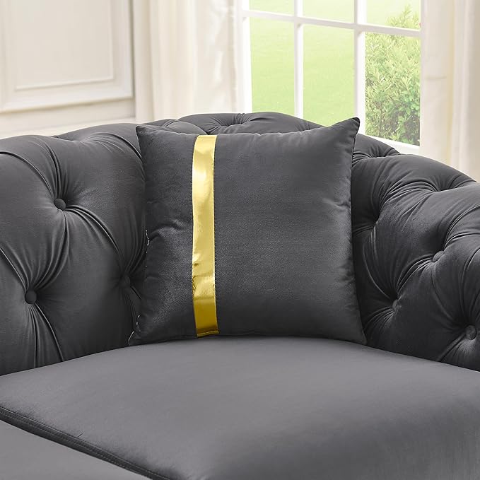 KEIKI 2-Piece Luxury Chesterfield Sofa Set with 1 Velvet 3-Seater Sofa & 1 Loveseat Sofa, 5-Seater Couch Set with 4 Pillow, Gold Stainless Decoration and Rolled Arms, for Living Room, Gray