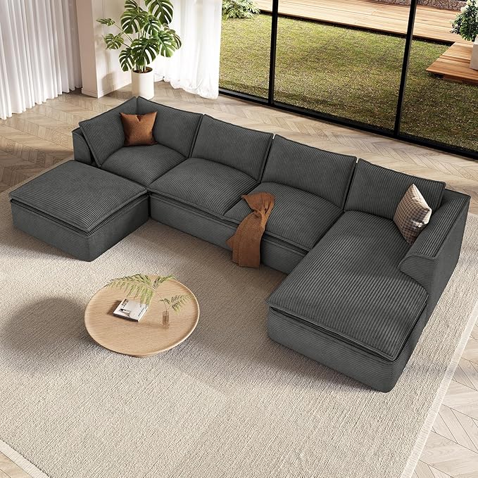 Vesgantti 141.7" U Shaped Boneless Sectional Couch, Modern 6 Seater Modular Sofa with Chaise & Ottoman, Deep Seat Corduroy Cloud Couches for Living Room, No Assembly Required, Dark Gray