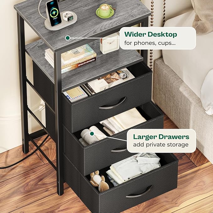Huuger Night Stand with Charger Station and LED Lights, 3 Drawer Nightstand, Bed Side Table with Open Shelf, End Table, Tall Fabric Dresser for Bedroom, Grey - Image 7