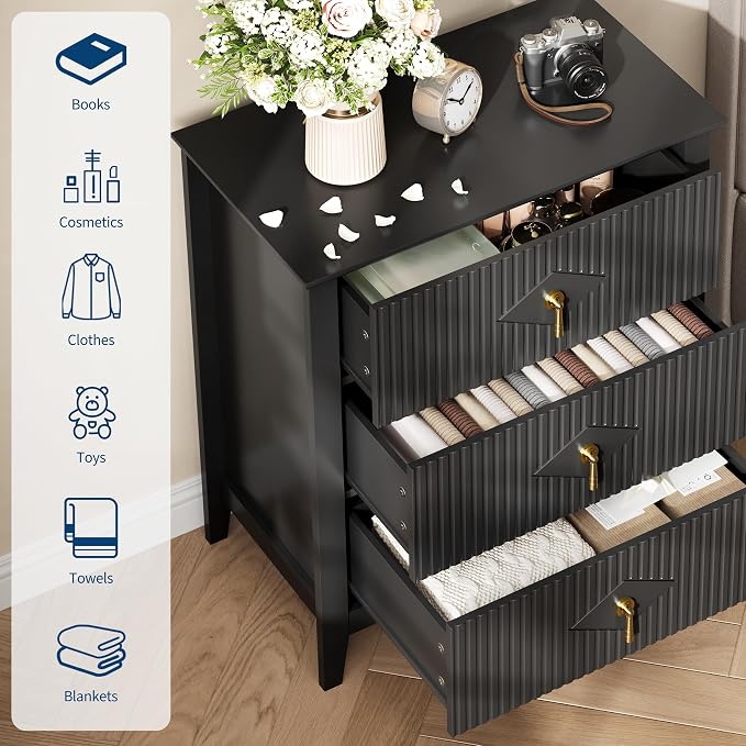 GarveeHome Wood Nightstand Fluted Dresser for Bedroom, 27.5" Wide 3-Drawer Bedside Tables, Modern Chest of Drawers, Storage End Table Living Room, Hallway, Entryway, Black - Image 3