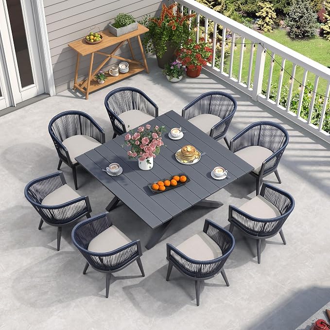PURPLE LEAF Outdoor Dining Set for 8 All-Weather 9 Piece Patio Aluminium Dining Large Square Table and Rope Weave Chairs Included Cushions for Backyard Decor Kitchen Patio Furniture Set Grey and Navy - Image 2