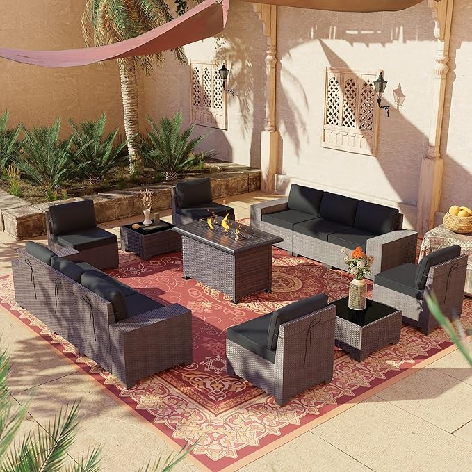 13 PCS Outdoor Patio Furniture Set,Outdoor Sectional Furniture with 43" 55000 BTU Gas Propane Fire Pit Table,All Weather PE Rattan Wicker Patio Conversation Set,Black