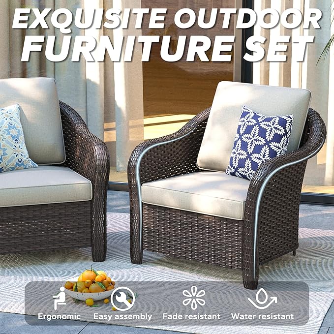 3 Pieces Outdoor Patio Conversation Set, 55" Couch, 2 Chairs, Rattan Wicker Conversation Furniture with Removable Cushions for Bistro, Deck (Beige)